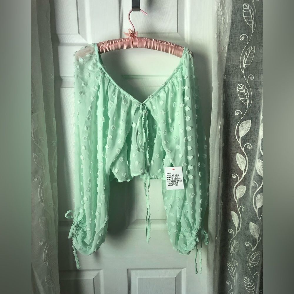 New ASOS long balloons sleeve textured with tie neck detail oversized babydoll t